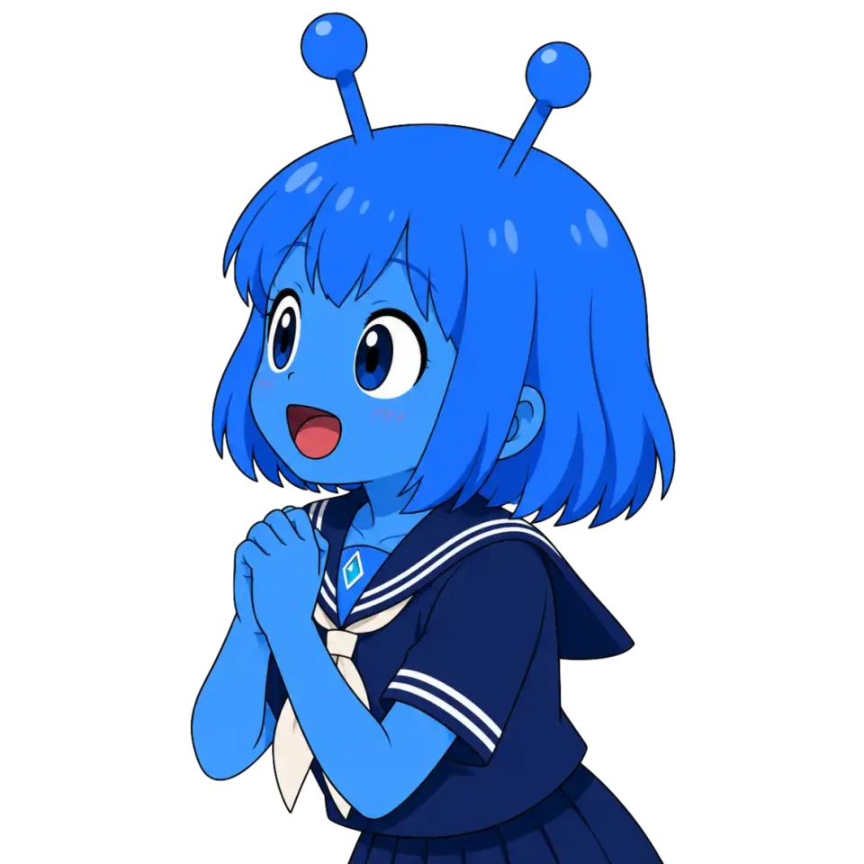 両手を合わせ、楽しそうに見つめる青い髪のティナ