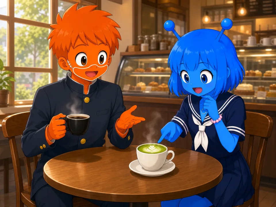 カフェでブラックコーヒーと緑の抹茶ラテを前に話す二人。