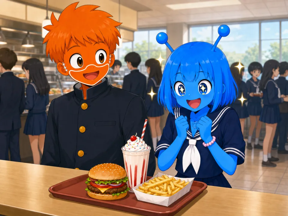 学食でハンバーガー、ポテト、シェイクを前に喜ぶティナとフランク。