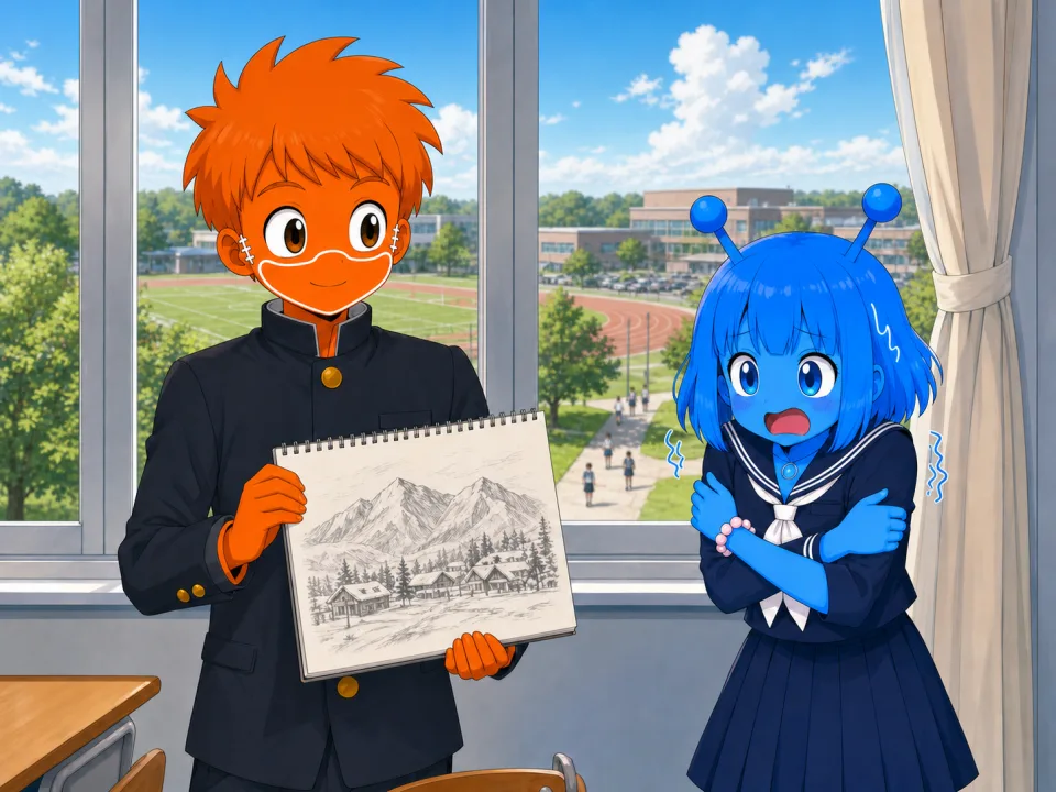 Frank shows Tina a drawing of a mountain village by a classroom window.