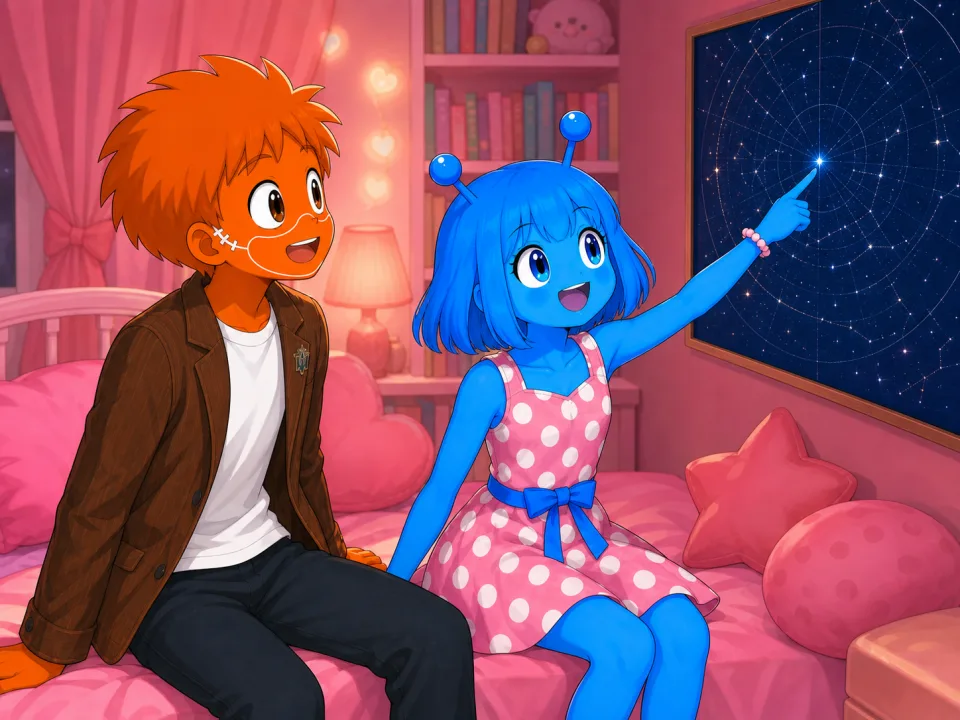 Tina points to a star map in her pink room as Frank looks on.