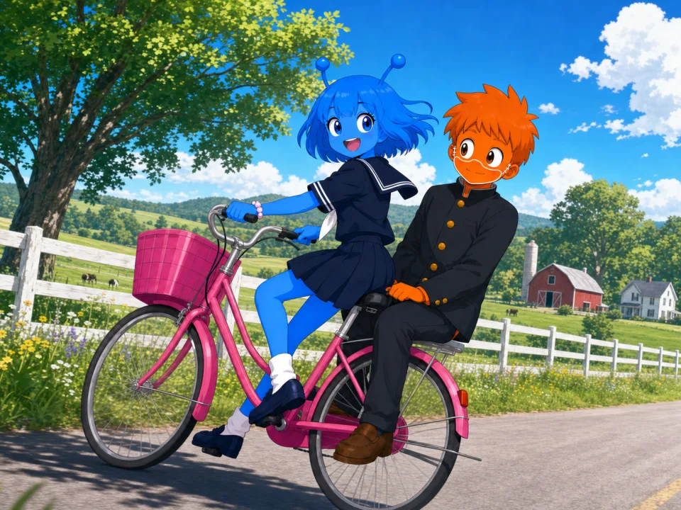 田園の道で、ティナのピンクの自転車に乗る二人。