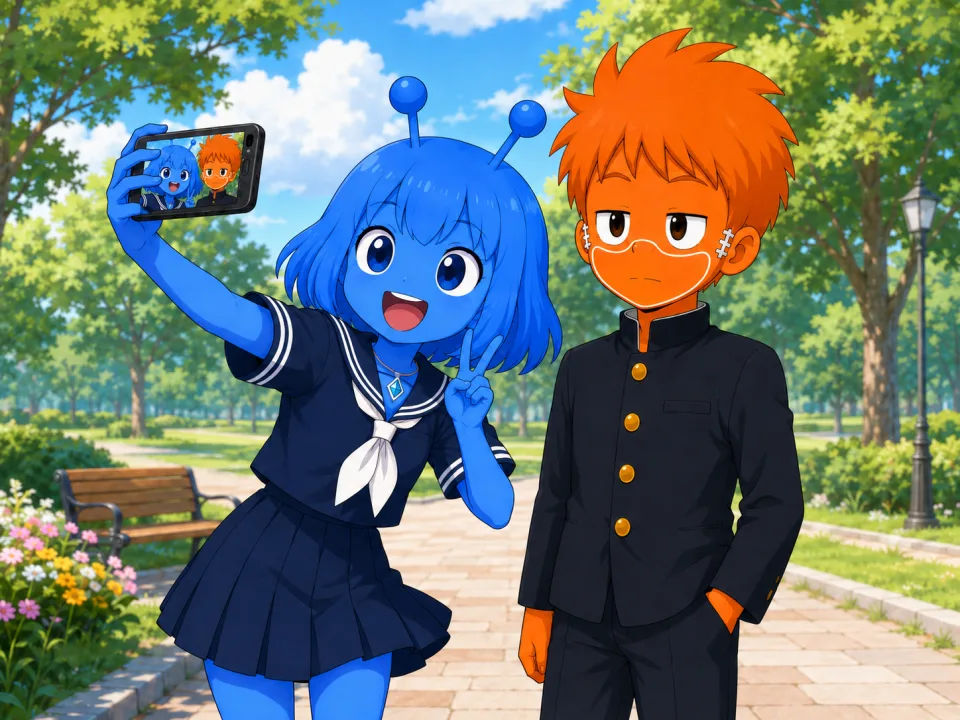 晴れた公園で、スマホを掲げてフランクと自撮りするティナ。