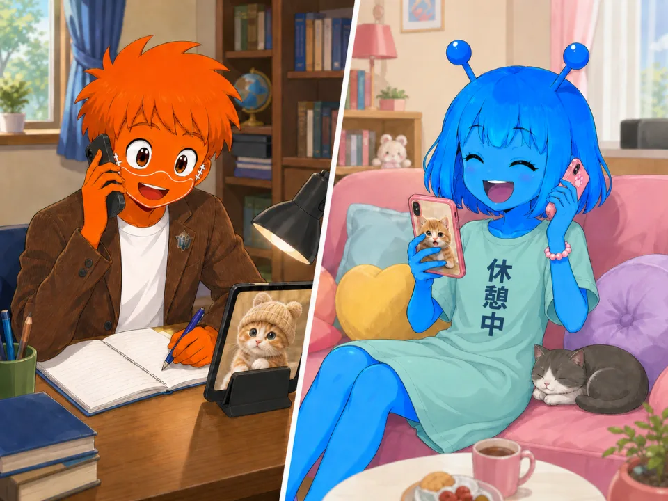 別々の部屋で電話する二人。フランクは机、ティナは猫のいるソファ。