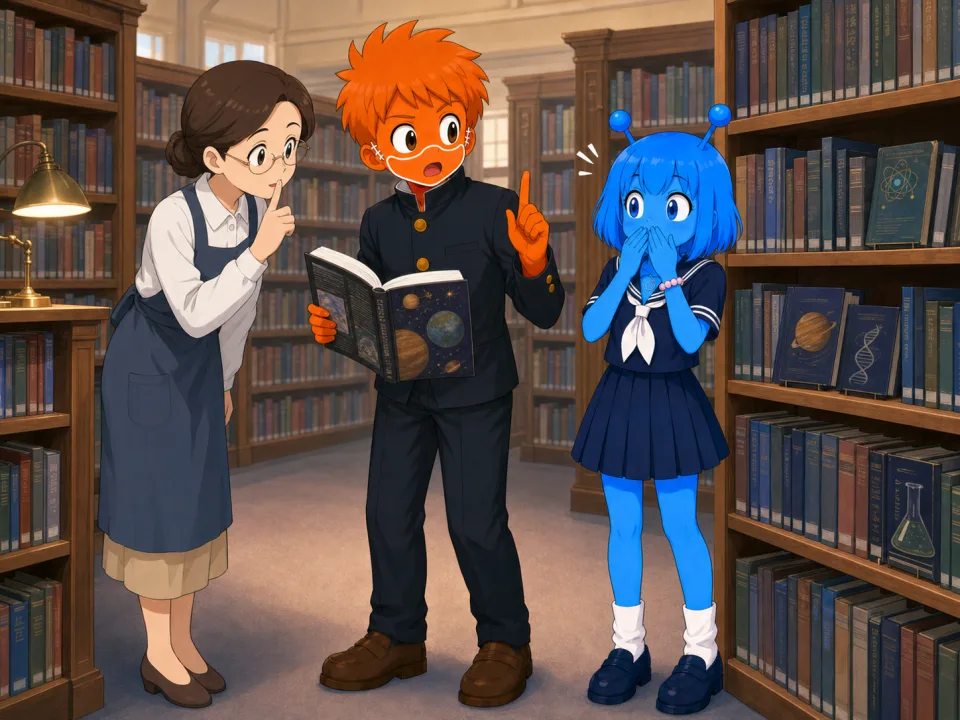 図書館で本を開くフランクとティナに、司書が静かにするよう伝える。