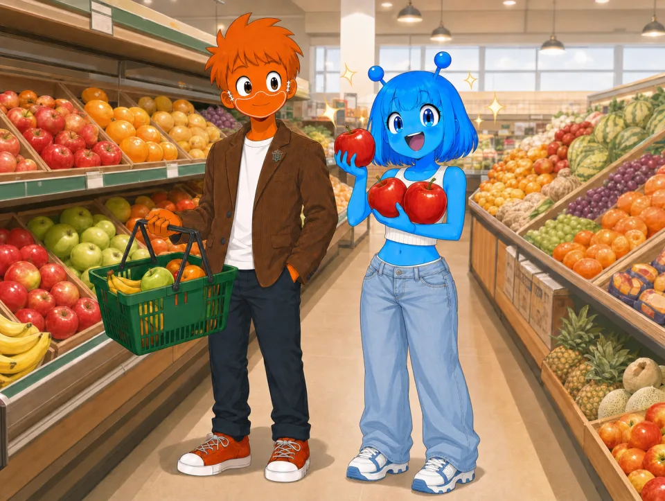 スーパーの果物売り場で、りんごを持つティナと買い物かごを持つフランク。