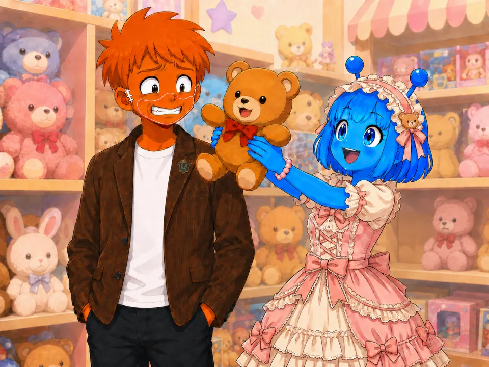 おもちゃ屋でクマのぬいぐるみをフランクに見せるティナ。