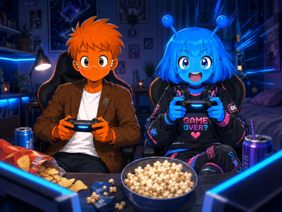 青い光の部屋でゲームのコントローラーを握る二人。手前にはポップコーン。