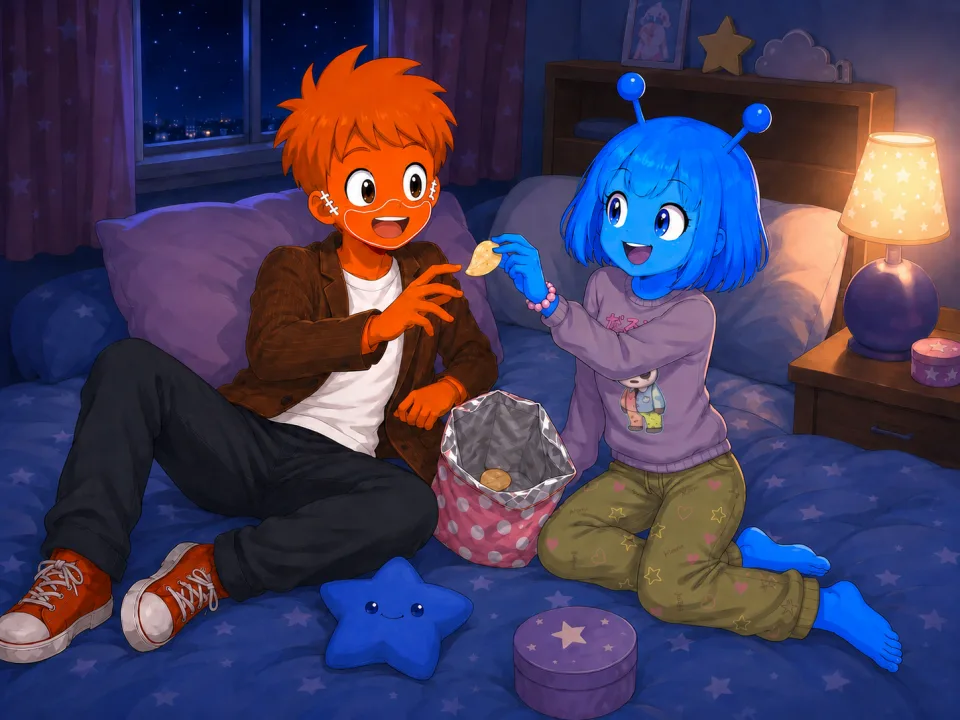 夜の部屋で、ベッドの上のお菓子を分け合うフランクとティナ。
