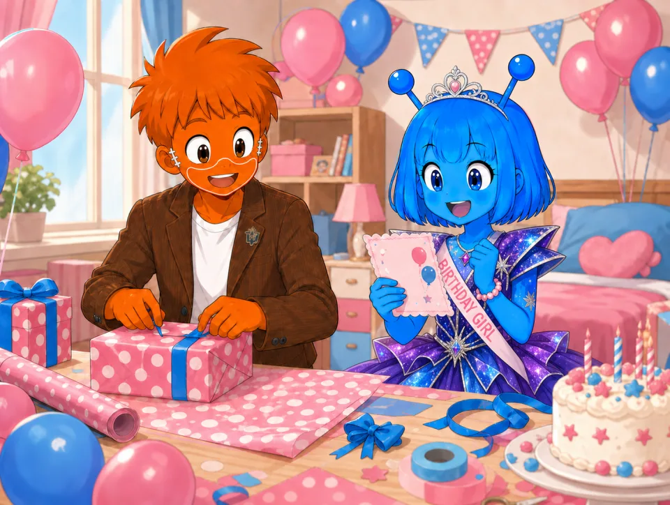 ピンクの飾りに囲まれ、誕生日のプレゼントを開ける二人。