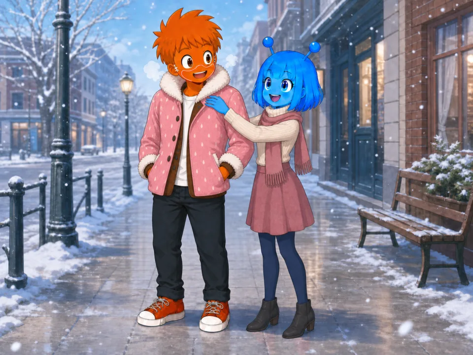 雪の通りで、ピンクのコート姿のフランクとマフラーを直すティナ。