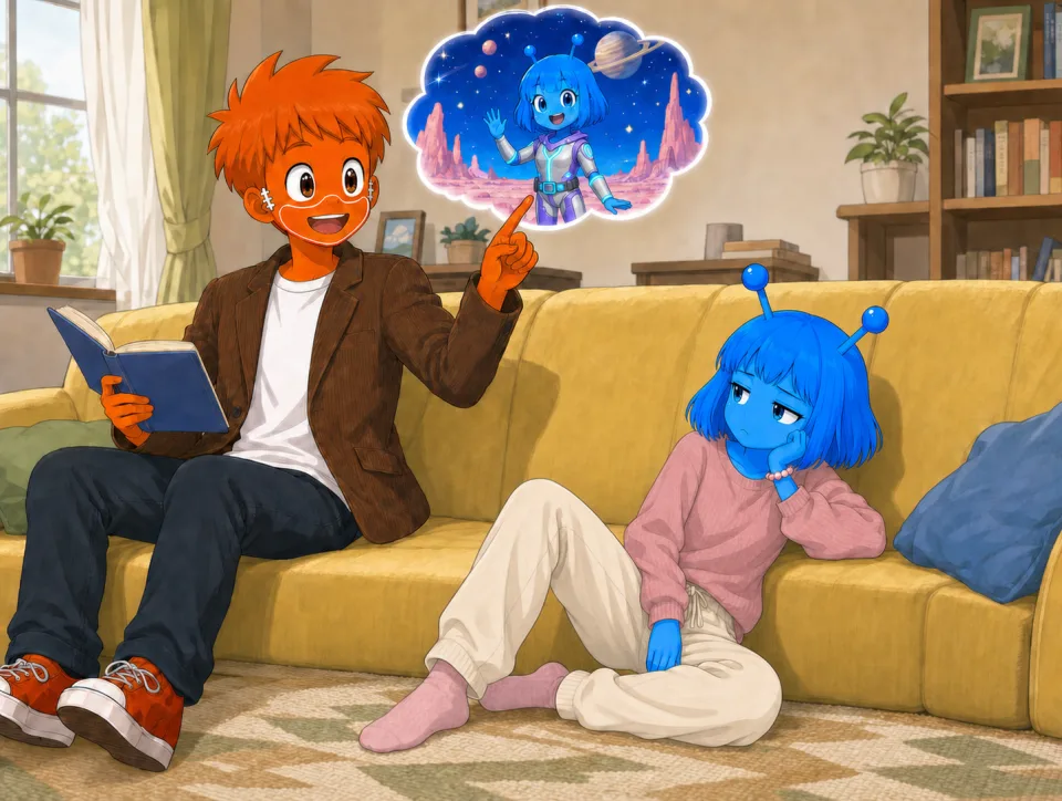 ソファで本を持って語るフランクとティナ。頭上には星の少女のイメージ。