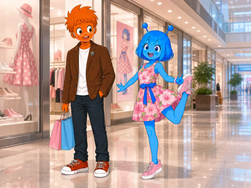 ショッピングモールでピンクのスニーカーを見せるティナとフランク。