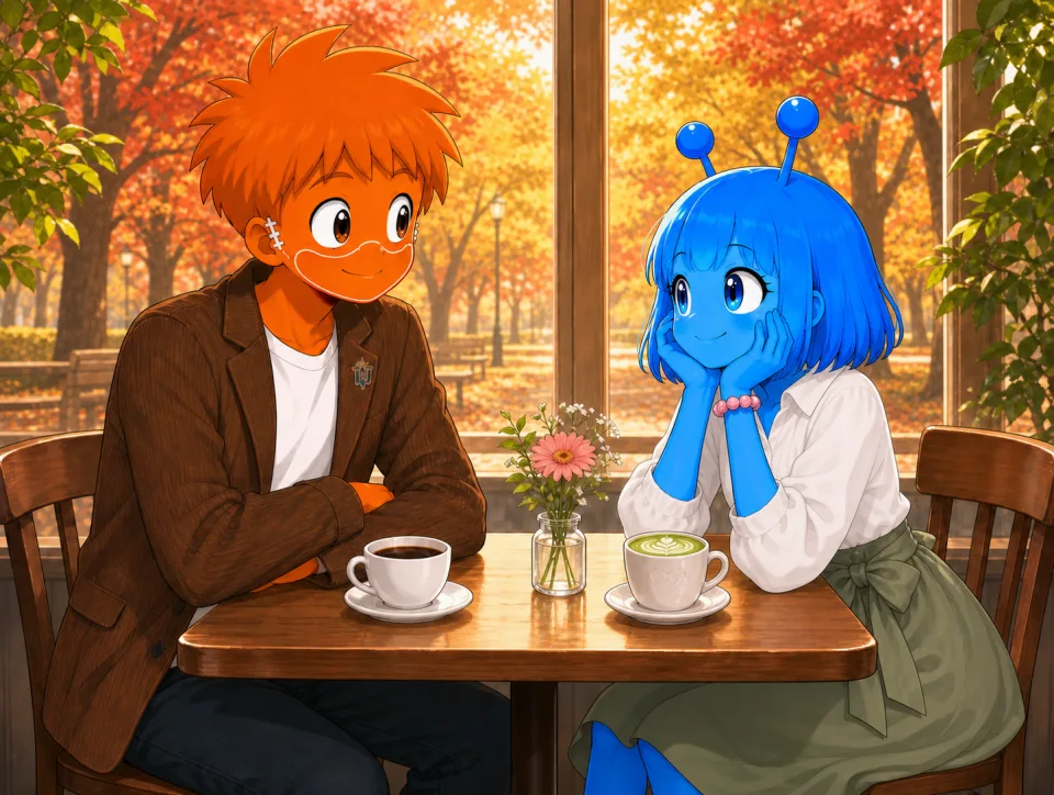 紅葉の見えるカフェで、コーヒーと抹茶ラテを前に話す二人。