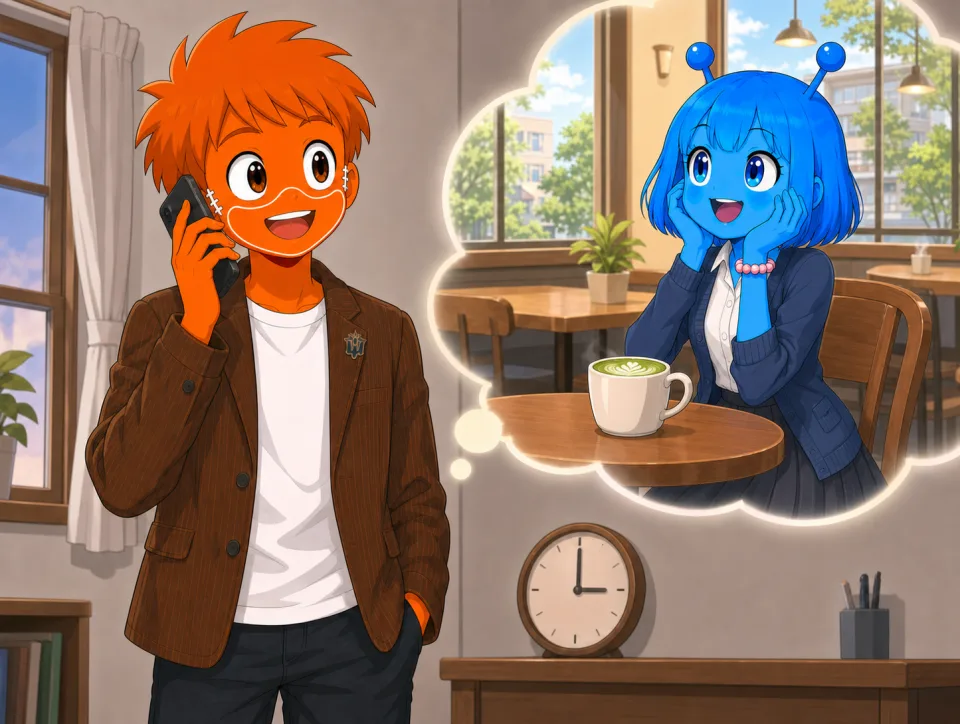 電話するフランクと、別の場所で抹茶ラテを前に応じるティナ。