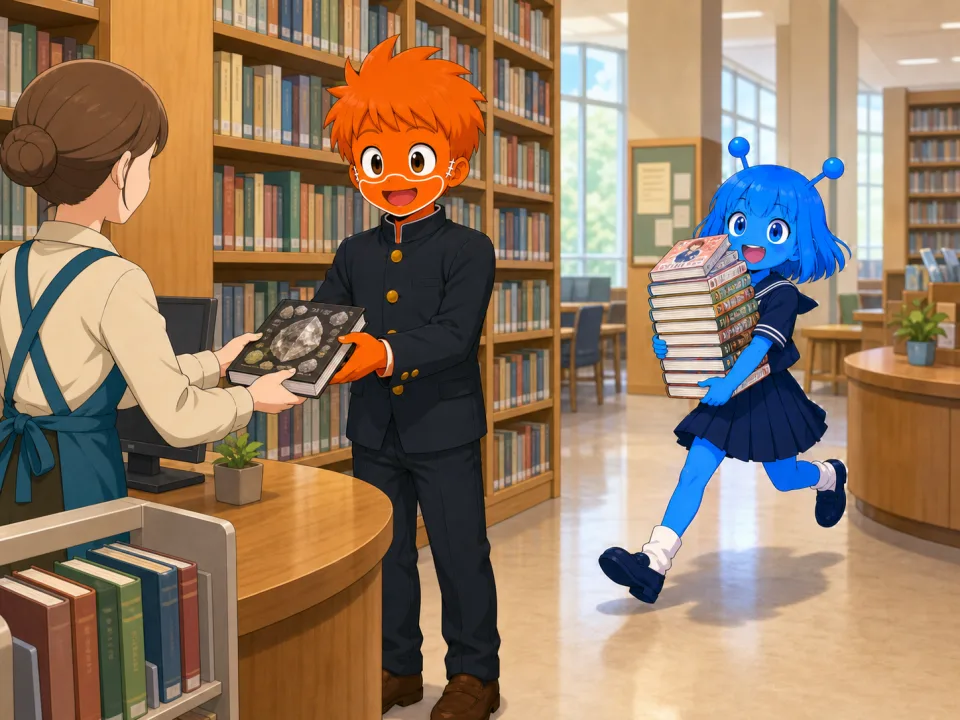 図書館のカウンターで本を受け取るフランクと、本を抱えるティナ。