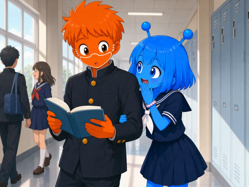 学校の廊下で、本を持つフランクに話しかけるティナ。