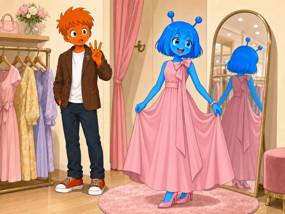 服屋の鏡の前でピンクのドレスを試すティナと、見守るフランク。