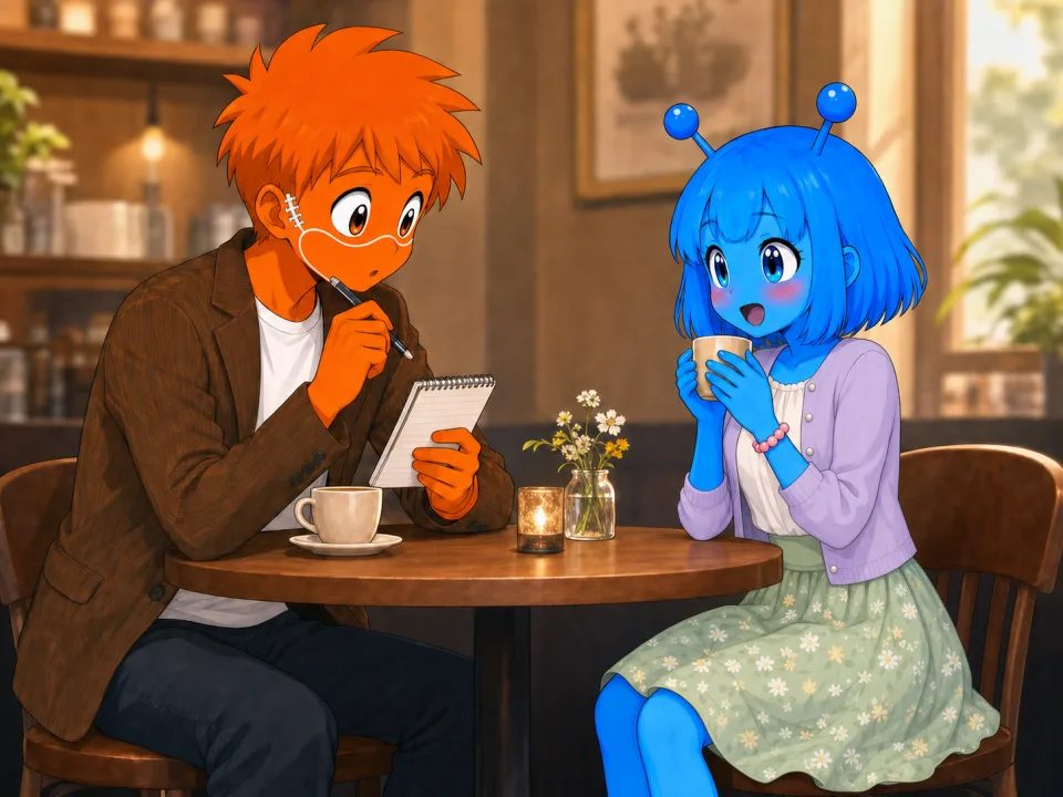 カフェでスマホを見るフランクと、隣で話しかけるティナ。