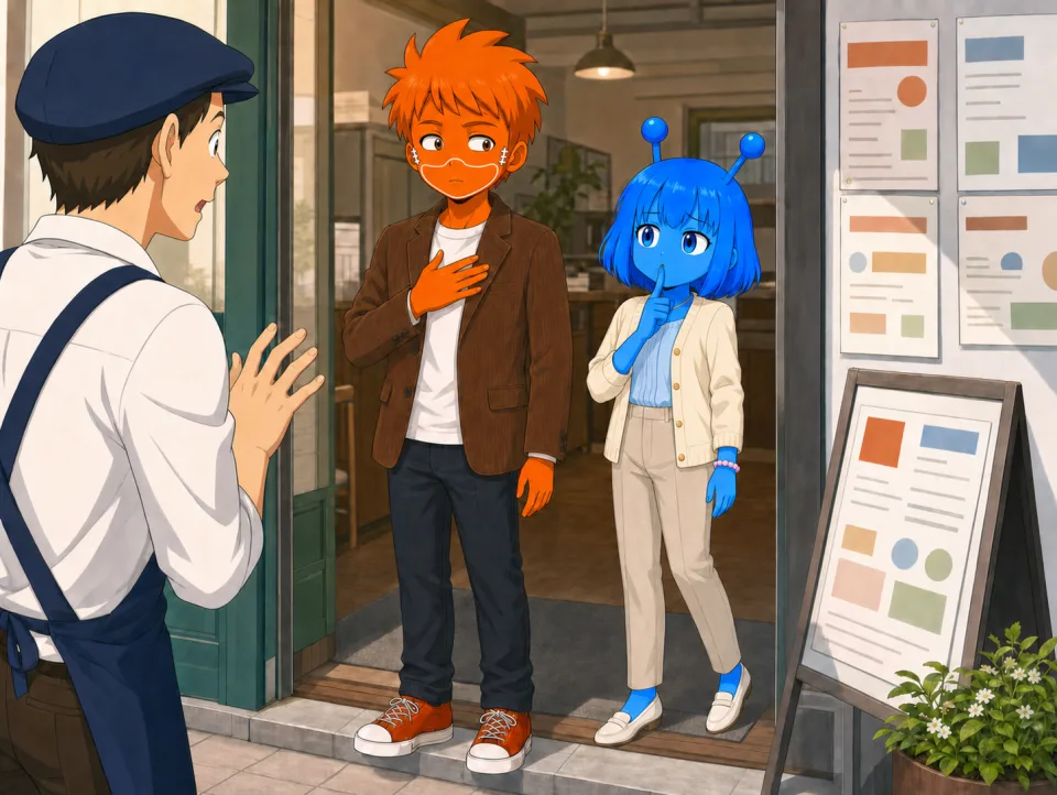 カフェの入口で、二人が店員と話す。
