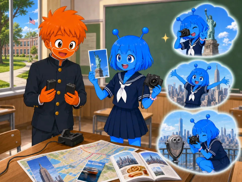 学校で旅行パンフレットとカメラを前に、ティナが旅を思い描く。