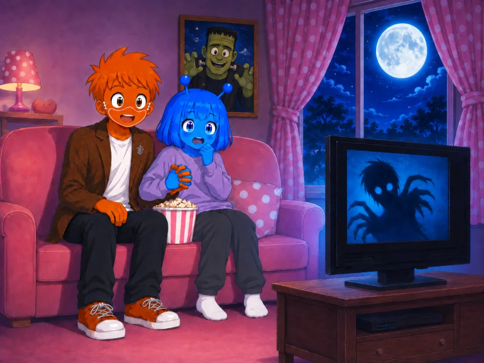 月夜の部屋で、ソファに座って怖い映画を見る二人。