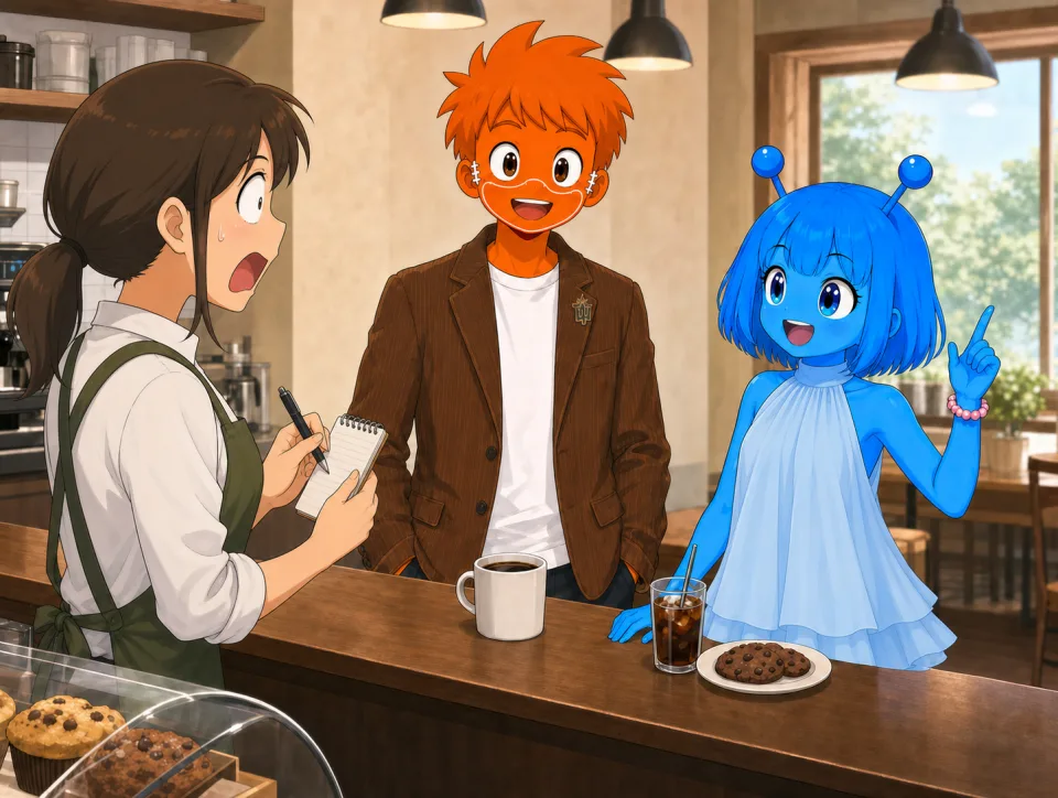 カフェのカウンターで、二人が驚く店員と話す。