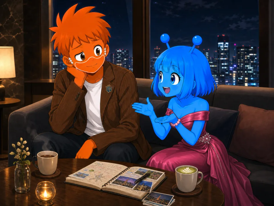 夜景の見える部屋で、お茶とアルバムを前に語り合う二人。