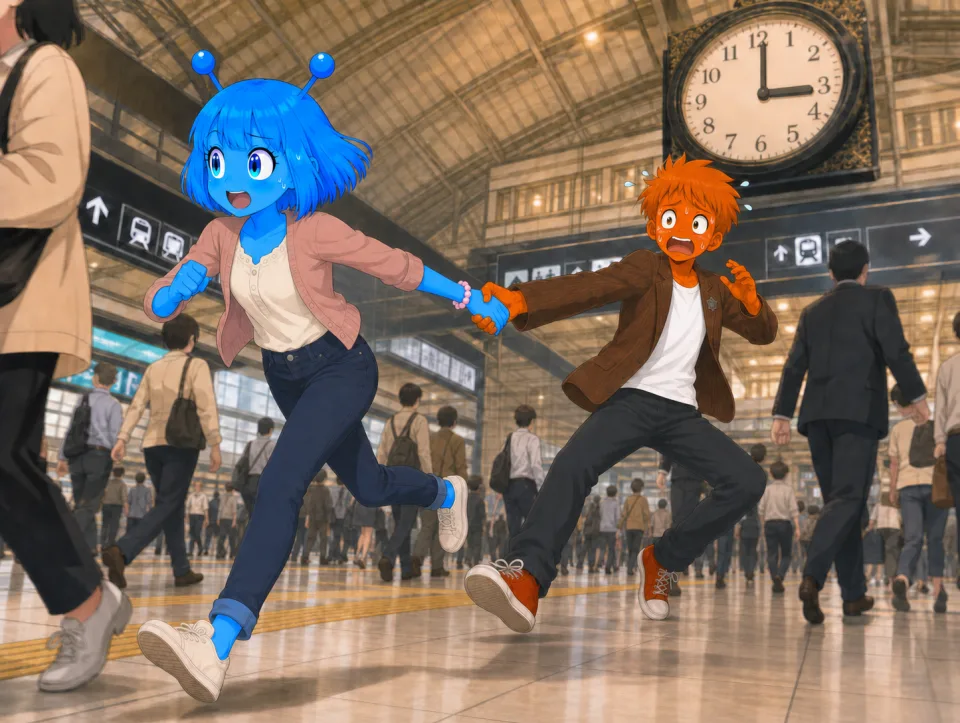 大きな時計のある駅で、ティナがフランクの手を引いて走る。