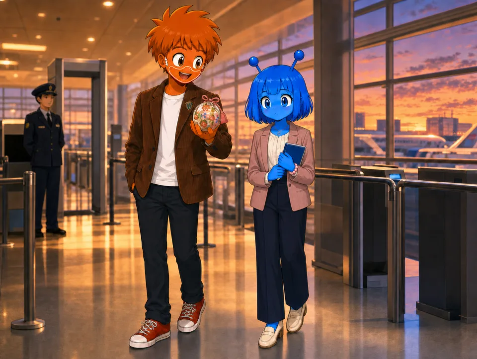 夕暮れの空港で、小さな手まりを手にするフランクとティナ。