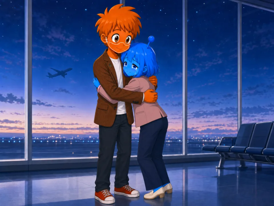 空港の窓辺で、別れ際に抱き合うフランクとティナ。