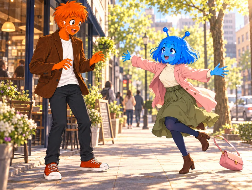 Tina runs toward a surprised Frank with her arms open on a tree-lined street.