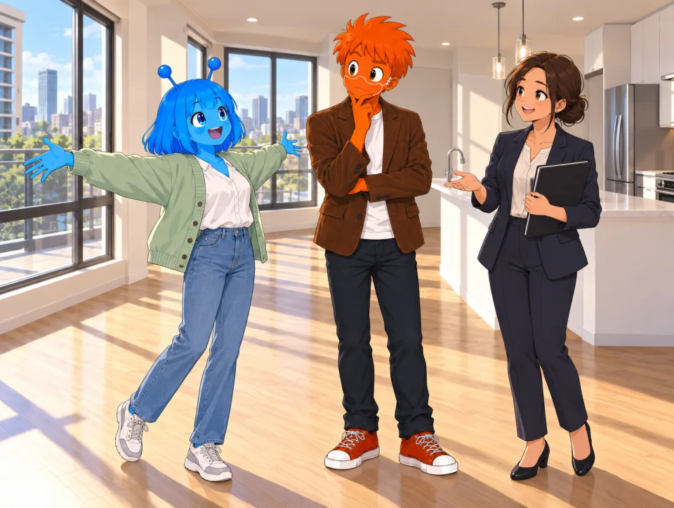 Frank and Tina view a sunny empty apartment with an agent.