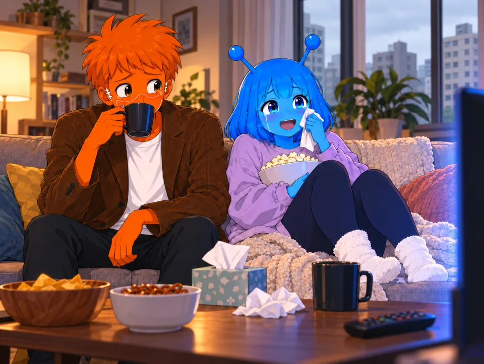 Frank and Tina watch a show from a sofa with snacks at night.