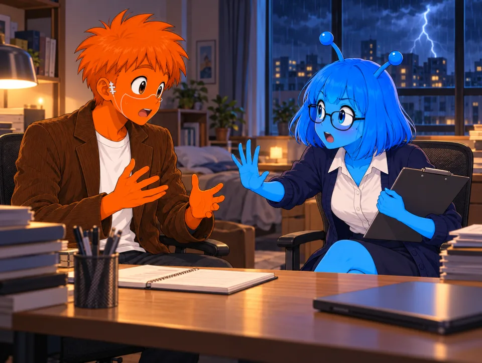Frank and Tina rehearse an interview across a desk.