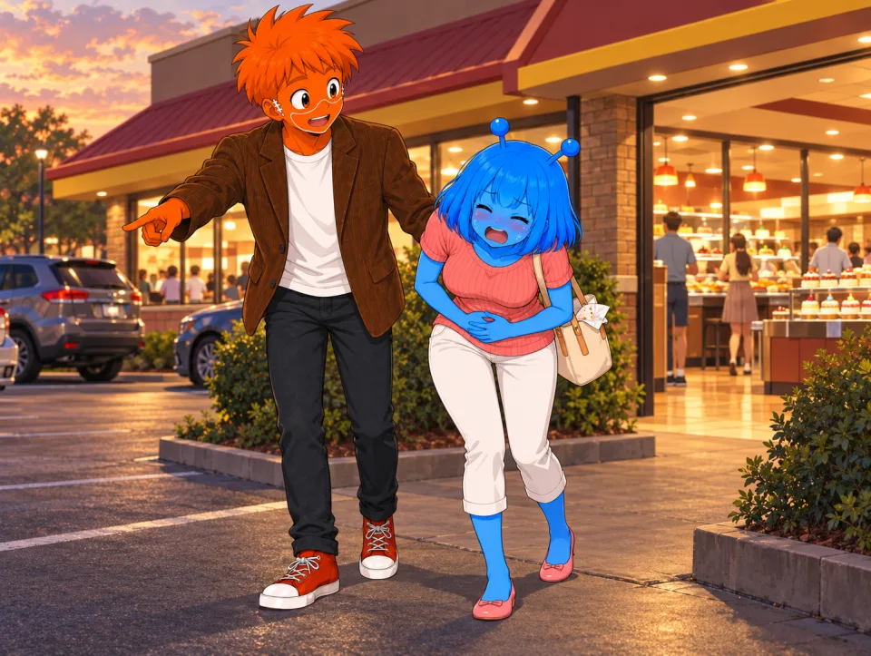 Tina holds her stomach as Frank points outside a restaurant at sunset.
