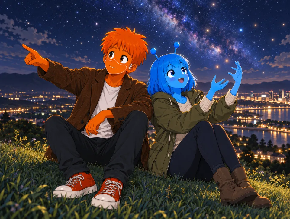 Tina points into the night sky while talking with Frank on a hill.