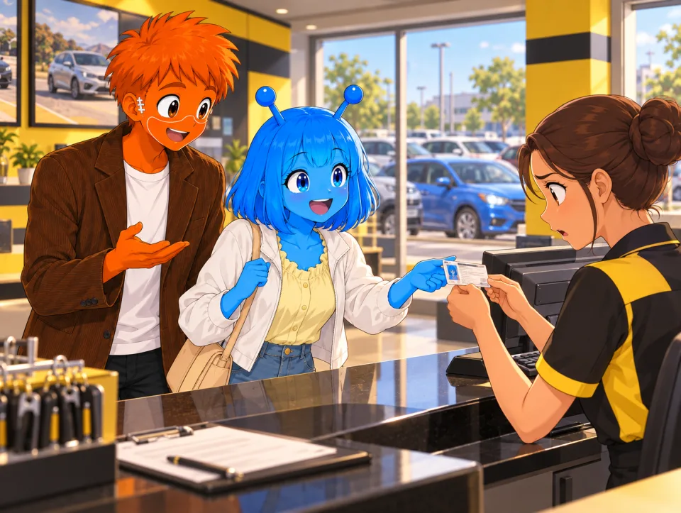 At a car rental desk, Tina hands her license to a clerk while Frank explains beside her.