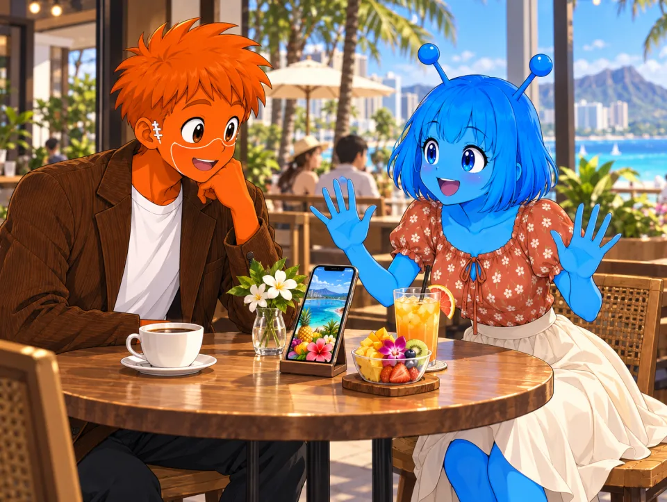 Tina shows Frank a travel photo on her phone at a seaside cafe.
