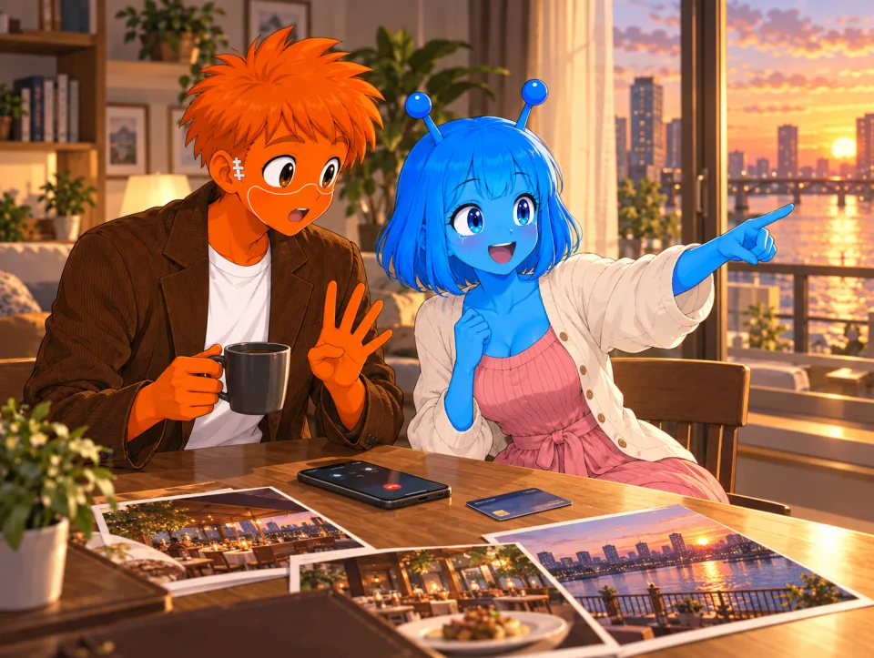 At a table with a phone and restaurant photos, Tina points to the sunset outside as Frank sits beside her.