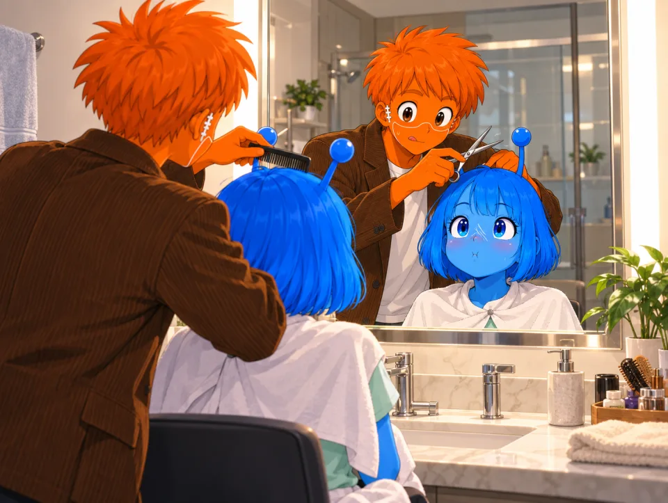 Frank holds scissors near Tina's hair in front of a bathroom mirror.