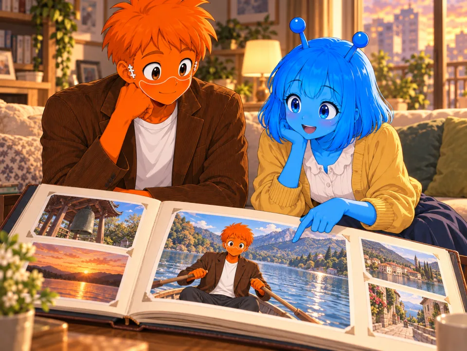 On a sofa, Frank and Tina look through an album with photos of a temple bell and a boat on a lake.