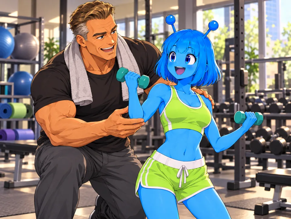 Tina flexing her arm for a trainer at the gym, with Frank behind her.