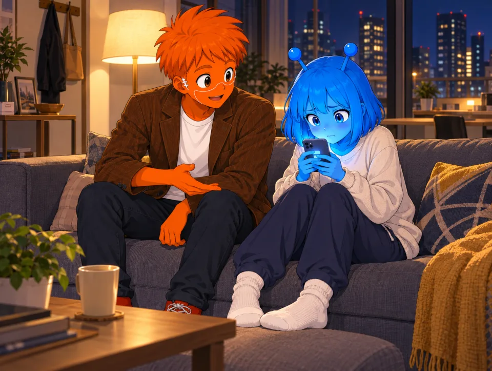 Tina looks at her phone while Frank talks beside her on a sofa at night.