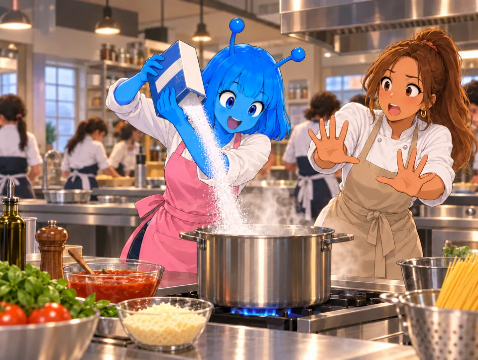 A cooking teacher reaches out as Tina pours salt into a pot, with Frank behind them.