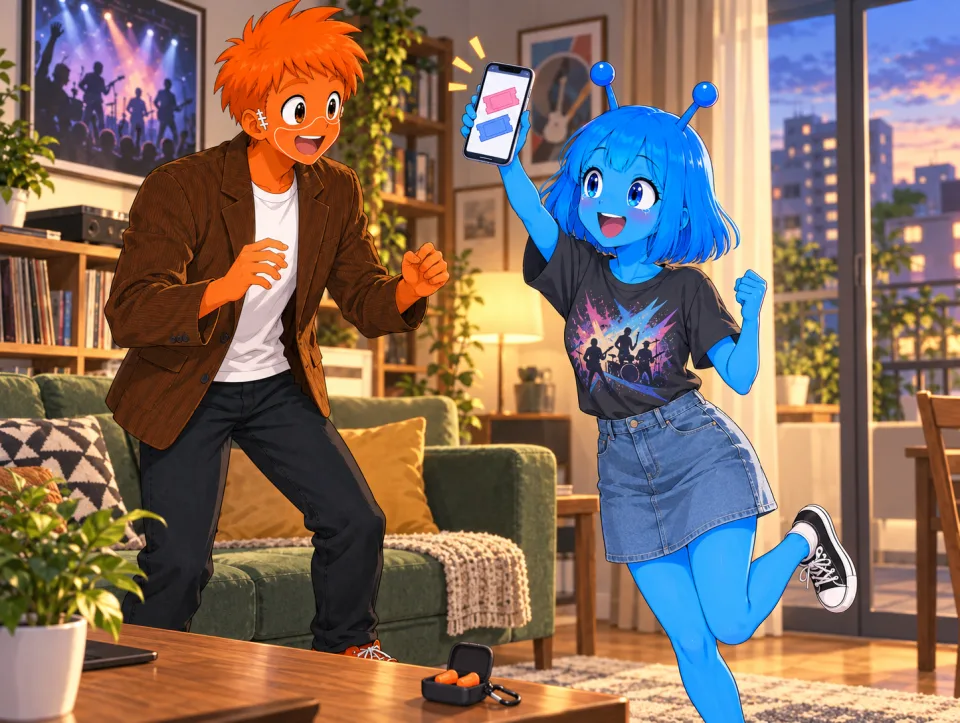 Tina jumps, holding up her phone with concert tickets, as Frank cheers with her.