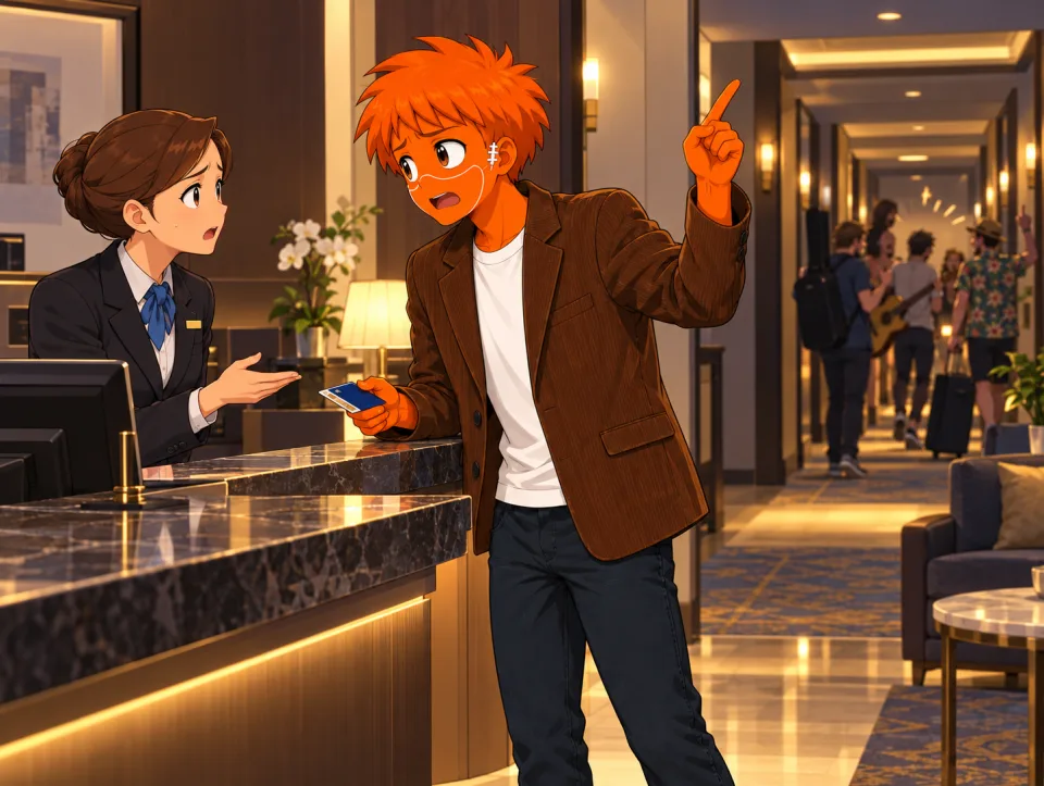 Frank talks at a reception desk while Tina covers her ears.