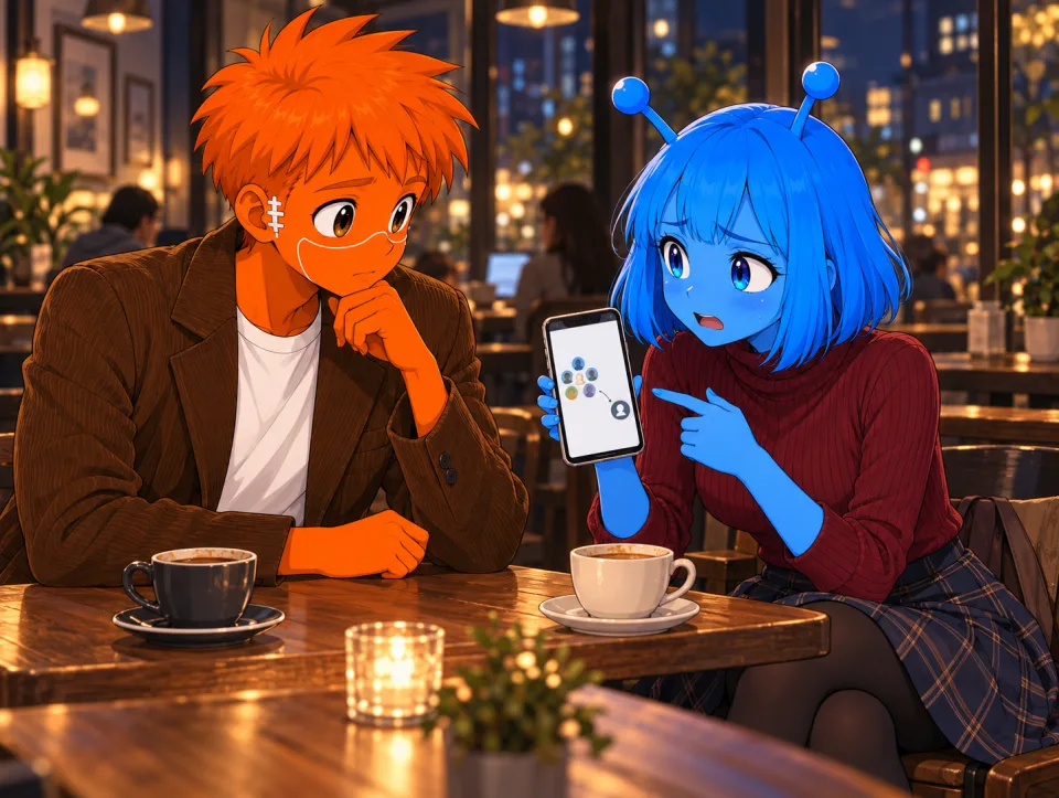 Tina shows Frank a group chat on her phone at a cafe.