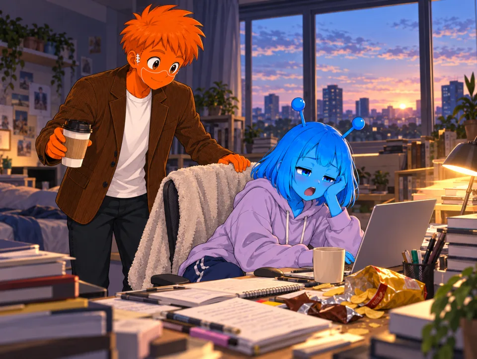 Frank brings a drink to Tina as she works at a desk late at night.