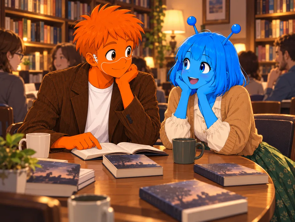 Frank and Tina talk with book club members around open books in a cafe.